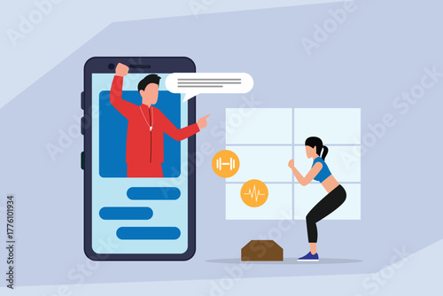 Online Personal Trainer Giving Instructions to a Woman Exercising via a Mobile Fitness App 2d flat vector illustrations