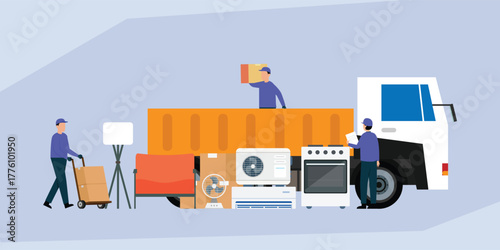 Moving and Delivery Service Workers Loading Household Goods and Appliances onto a Truck 2d flat vector illustrations