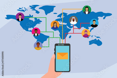 Global Communication and International Networking via Mobile Phone Connecting Diverse People on World Map 2d flat vector illustrations