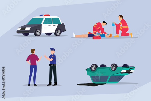 Emergency Response Scene with Car Accident, Paramedics Treating Victim, and Police Officer Investigating 2d flat vector illustrations