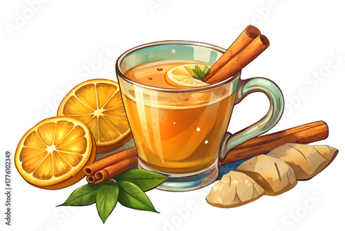 Hot ginger tea with floating slices and cinnamon stick served in transparent glass, placed on powdered snow, creating a warm contrast against cold winter atmosphere