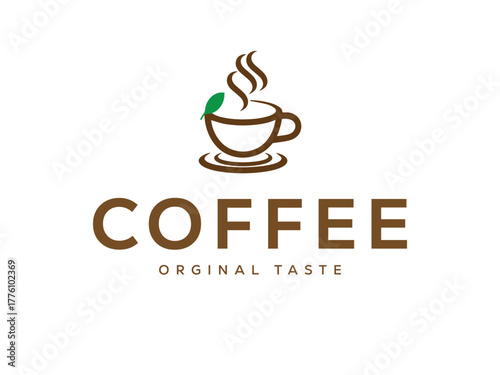 Brown coffee cup with steam and green leaf logo above the word coffee and original taste text coffee logo