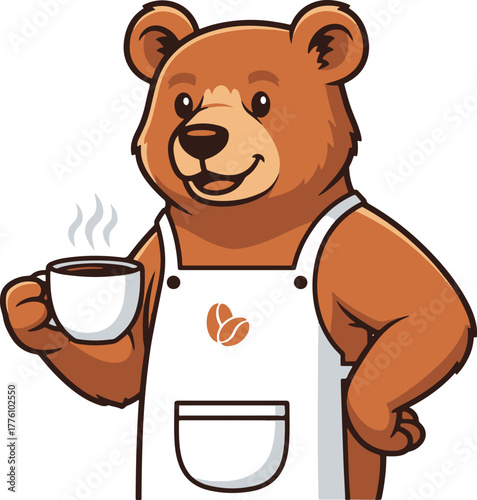 bear mascot wearing an apron and holding a coffee cup