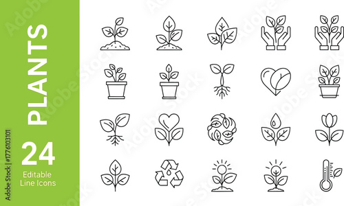 Set of thin line icons for plants, gardening, and ecology. Editable vector symbols for growth and conservation concepts 48