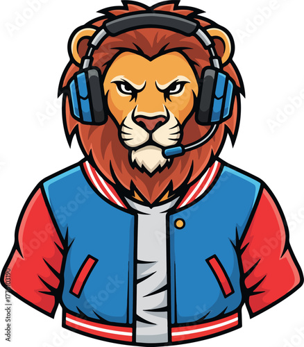 Anthropomorphic lion wearing jacket and headset