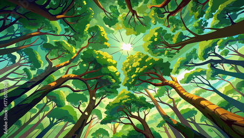 A perspective view from the ground looking up at dense green treetops, branches forming natural patterns against the sky, filled with vibrant foliage and sunlight, detailed vector art