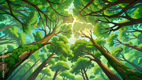 A perspective view from the ground looking up at dense green treetops, branches forming natural patterns against the sky, filled with vibrant foliage and sunlight, detailed vector art