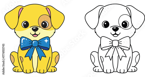 Adorable yellow puppy with a brown patch and a shiny blue bow tie, sitting happily – perfect for a charming children's coloring book illustration.