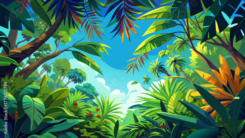A vibrant view looking up through lush jungle canopy, layers of tropical leaves framing the bright blue sky, filled with energy, depth, and vivid natural beauty, detailed vector artwork