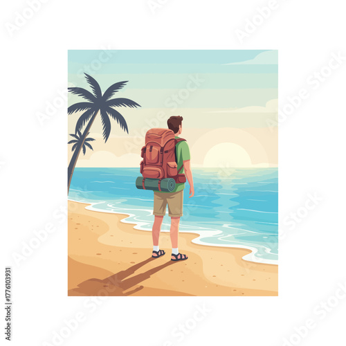 A lone traveler with a large backpack stands on a sandy tropical beach, gazing at the serene ocean during a beautiful sunset.