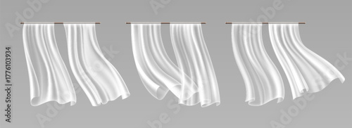 Window curtain cloth collection with flowing white fabric on wooden rods for interior decoration and home design. Transparent drapes, billowing textile panels and soft material for room inside.