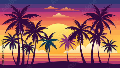 Vibrant sunset over tropical beach with silhouette palm trees