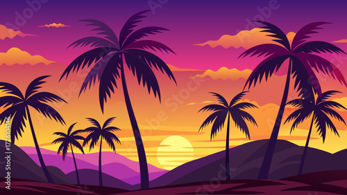Vibrant tropical sunset with silhouetted palm trees and rolling hills
