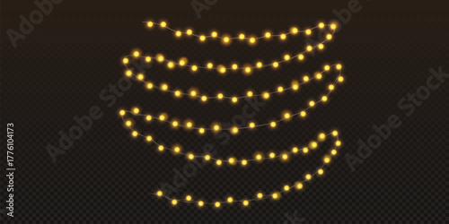 Fairy garland light strings with glowing gold bulbs on dark transparent background. Festive illuminated decoration chains in warm celebration atmosphere for holiday party or event design element.