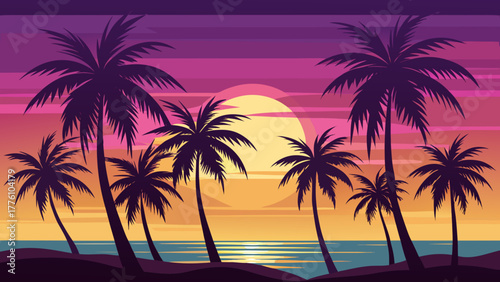 Vibrant tropical sunset with silhouette palm trees and ocean reflection