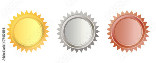 Gold, silver, and bronze award medals. Vector illustration of tokens for certificate design, quality mark, and guarantee.