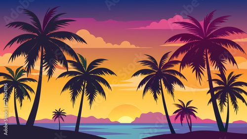 Vibrant tropical sunset with silhouette palm trees over the ocean