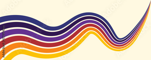 Abstract colorful 70s background vector. Vintage retro wallpaper with rainbow stripes and wavy lines.