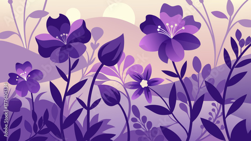 Abstract purple flowers and foliage in a soft gradient landscape