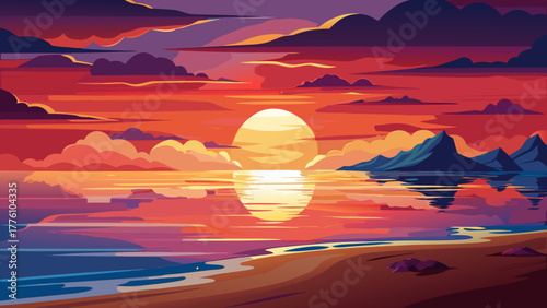 Vibrant sunset over calm ocean with reflecting sun and mountains