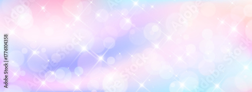 Sparkling magic unicorn background with shimmering sparkles. Vector realistic illustration of pastel pink and blue color gradient, abstract heavenly clouds, fantasy backdrop for fairytale design