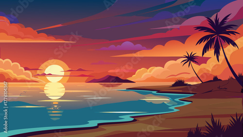 Vibrant tropical sunset over calm ocean with palm trees