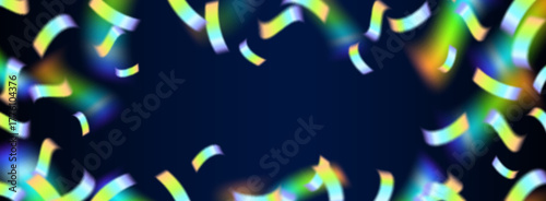 Holographic rainbow confetti flying on black background. Vector realistic illustration of sparkling metallic pieces frame for birthday card or party invitation, foil streamer splash, overlay effect