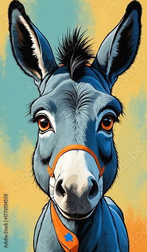 A stylized, vibrant blue donkey with expressive brown eyes and a white muzzle gazes directly at the viewer against a warm orange background. The illustration features bold lines and dynamic shading, g