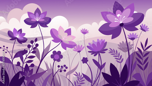 Stylized purple flowers and plants in a dreamy landscape