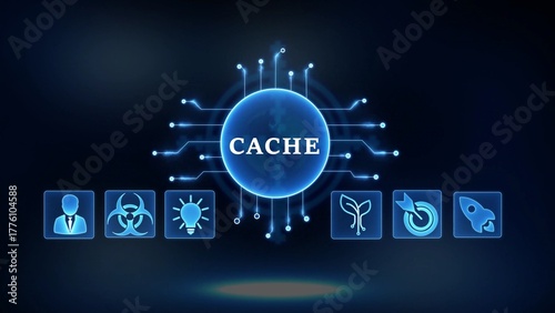 Obraz na płótnie Digital concept of cache memory with interconnected icons and glowing central sp