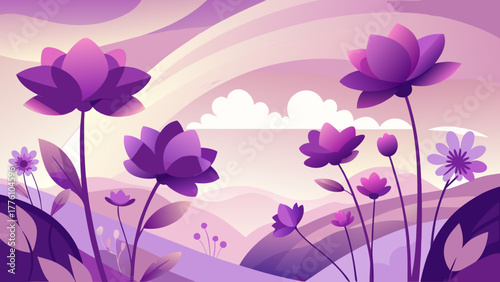Stylized purple lotus flowers bloom in a serene landscape at sunrise