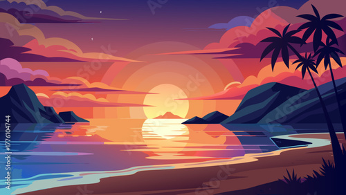 Vibrant tropical sunset over calm ocean with palm trees