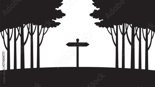 Forest Silhouette Trees Signpost Direction Guidance Isolated On Transparent Background