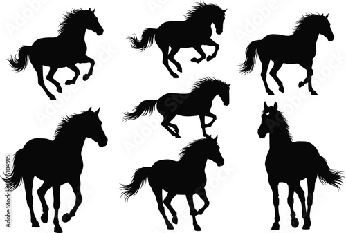 Black horse silhouettes collection, running and standing horse vector set, elegant wild stallion animal illustration, equestrian art design for decoration 