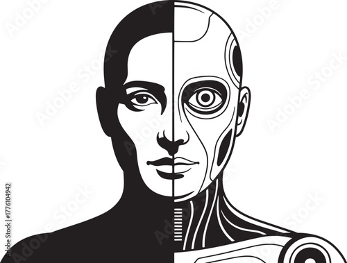 Humanoid Face Silhouette Bi-Section Symbolizing Two Minds Isolated On Transparency
