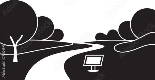 Landscape with road and trees. Countryside scene with computer and blank transparent