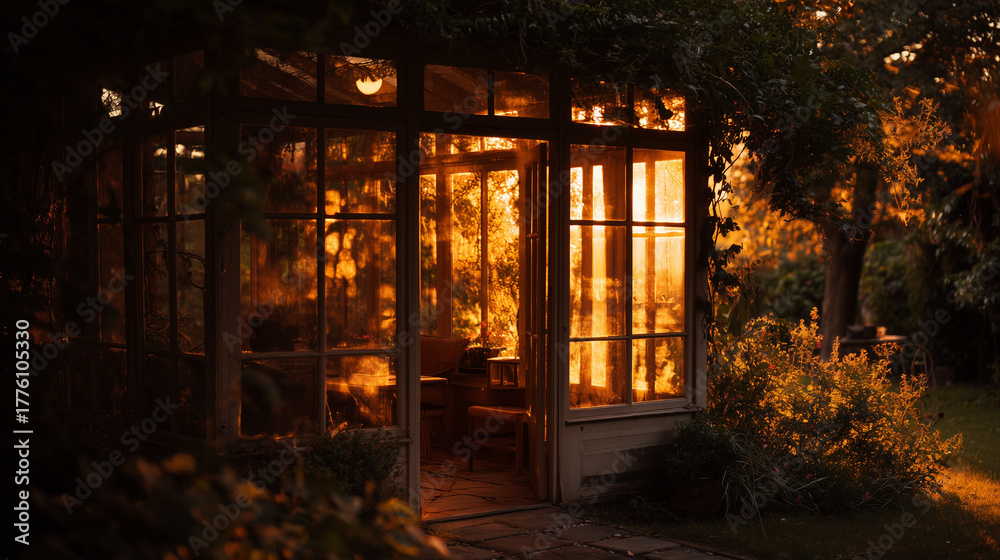 Obraz premium Illuminated greenhouse with open doors at twilight surrounded by lush greenery and warm light glow