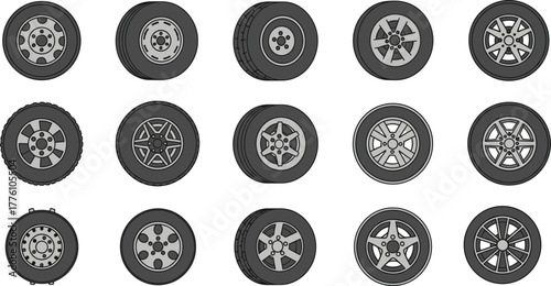 Car wheel collection, rim styles, tire designs, spoke patterns, automotive parts, alloy wheels, vehicle accessories, black rims, sport wheels, custom design