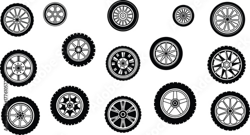 Car wheel collection, tire designs, rim styles, spoke patterns, offroad wheels, performance tires, automotive parts, black rims, vehicle accessories, wheel texture