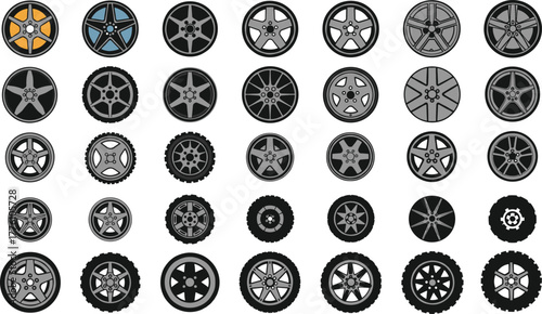 Car wheel rim collection, alloy wheels, tire designs, automotive customization, sport rims, black silver styles, modern vehicle accessories, high-performance wheels