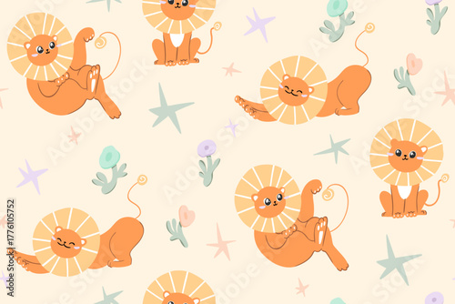 A wonderful seamless pattern with cute orange lion cubs among colorful puffy flowers on a creamy