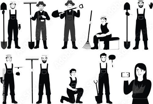 Set of male and female farmers with gardening tools, shovels, and rakes, working, posing, and smiling in agriculture and farming concept vector