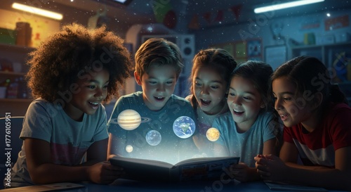 A group of captivated children are reading a magical book about the solar system creating wonder