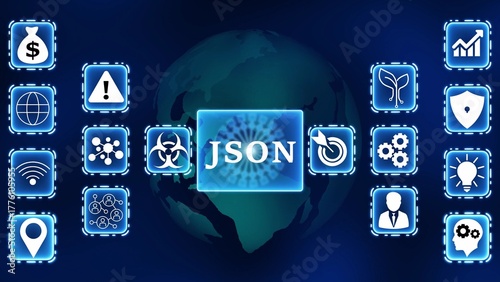 JSON data format concept with global network and digital icons JSON technology