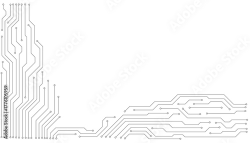 Black circuit board traces and nodes on white background electronic technology
