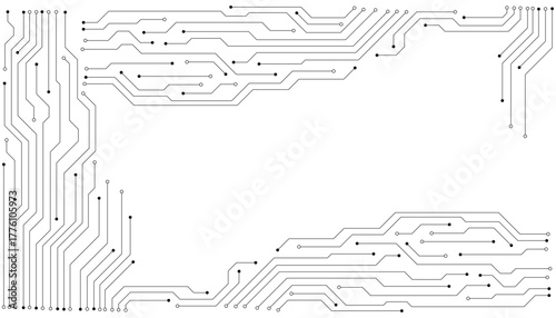 Black circuit board traces and nodes on white background electronic technology