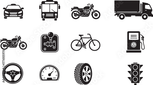 Assortment of Black Transportation and Vehicle Icons on White Background taxi motorcycle