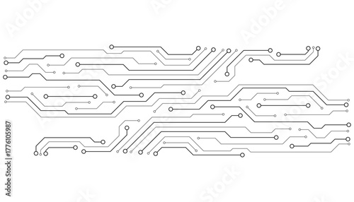 Black circuit board traces and nodes on white background electronic technology