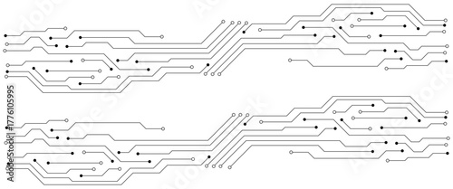 Black circuit board traces and nodes on white background electronic technology