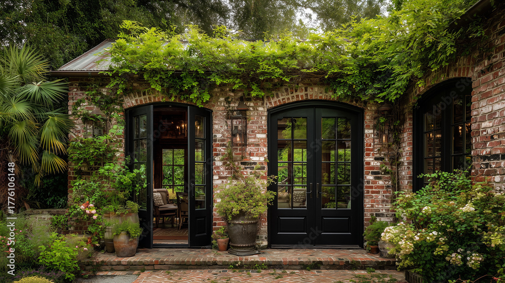 Naklejka premium Exterior view of a brick building with black framed windows and doors covered in green vines and plants